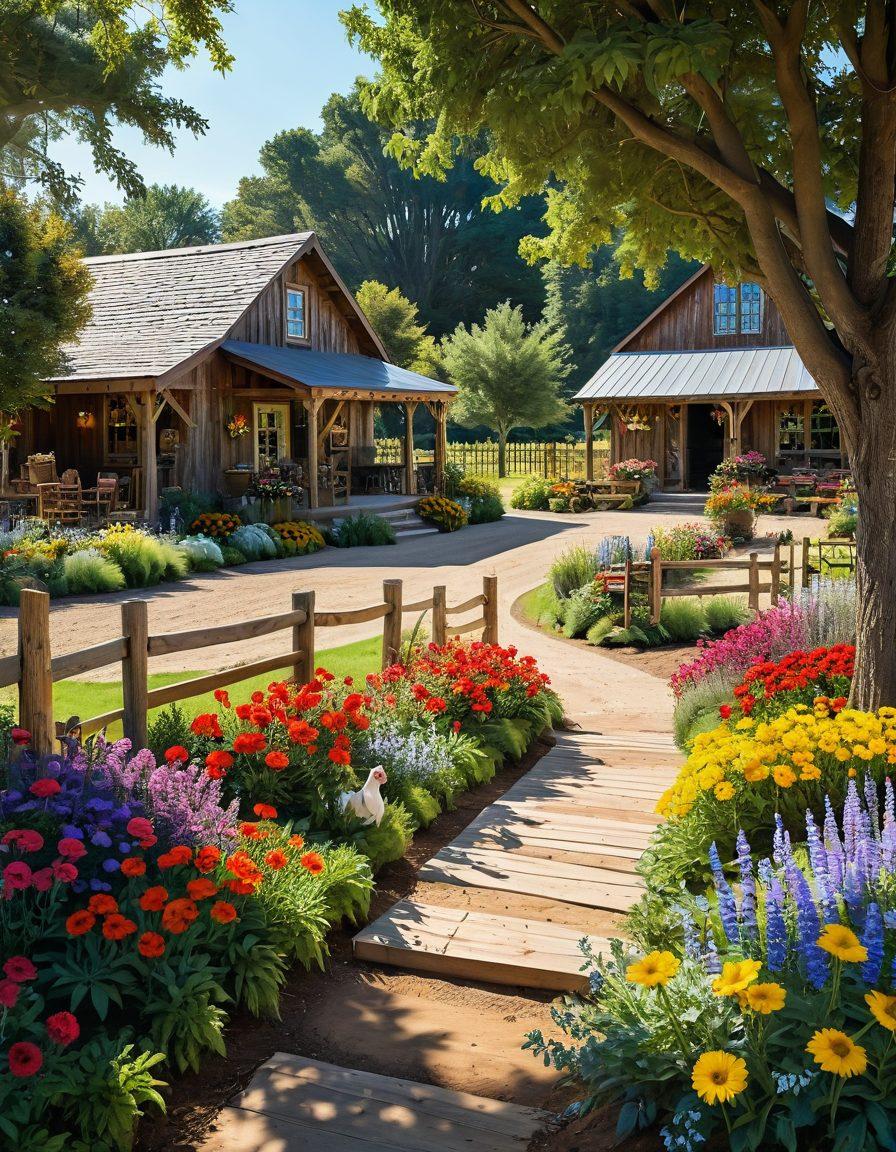 A lush, vibrant outdoor scene showcasing a charming agribusiness with rows of colorful flowers, rustic wooden signs, and cozy seating areas beneath large trees. Include farm animals playfully roaming and a farmer tending to plants in a serene, sunlit setting. Emphasize a warm, inviting atmosphere that encourages relaxation and connection with nature. super-realistic. vibrant colors. sunny ambiance.