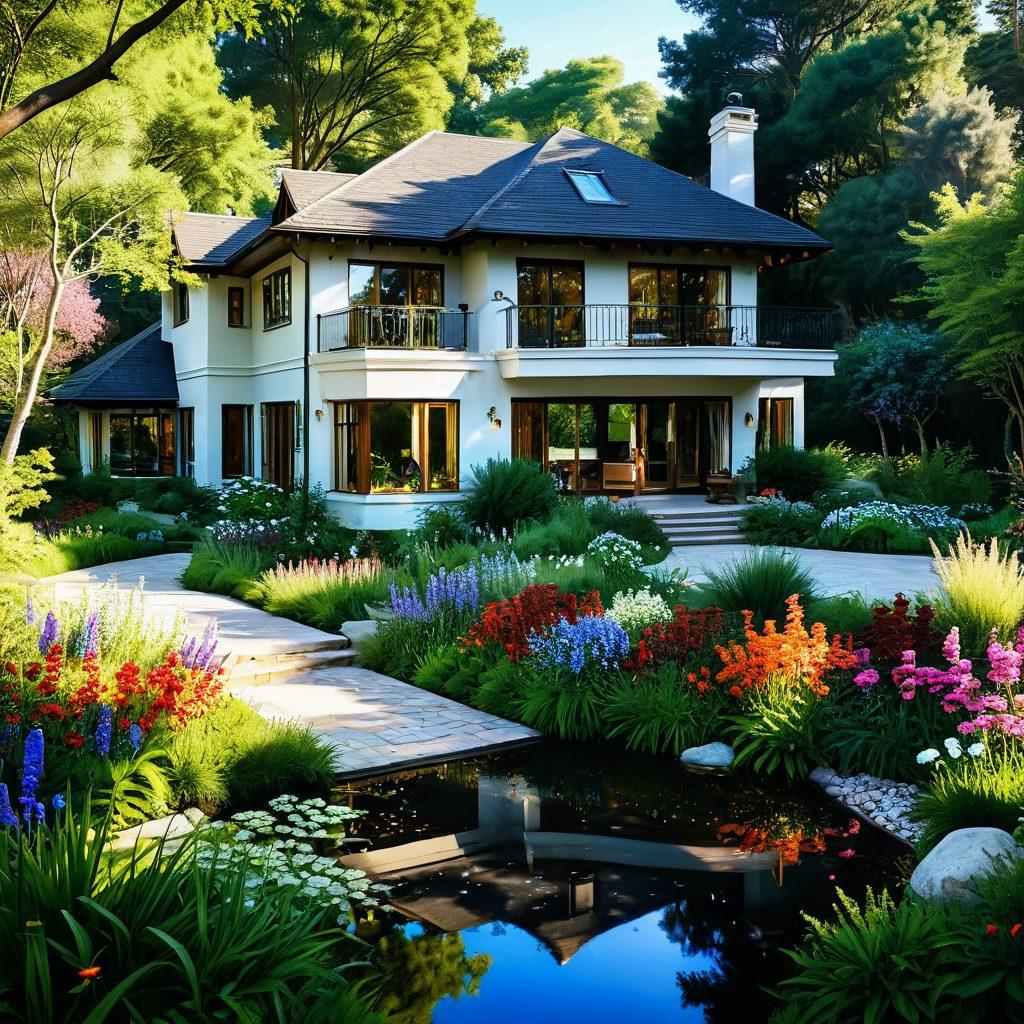 A picturesque estate nestled in the heart of lush greenery, surrounded by vibrant wildflowers and tall trees. A sunlit pathway leads to a charming, elegantly designed house with large windows reflecting the sky. Nearby, a diverse garden brimming with colorful plants and a small pond adds to the allure. The scene embodies tranquility and natural beauty, inviting the viewer into a serene outdoor paradise. super-realistic. vibrant colors. 3D.