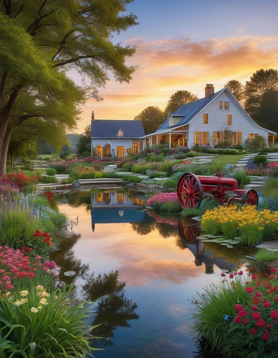 A picturesque countryside scene featuring a modern farm transformed into an elegant estate, with lush green fields, a charming farmhouse surrounded by colorful flower gardens, vintage farm equipment artfully placed, and a serene pond reflecting the clear blue sky. Include rolling hills in the background and a sunset casting warm golden light over the landscape. vibrant colors. painting.